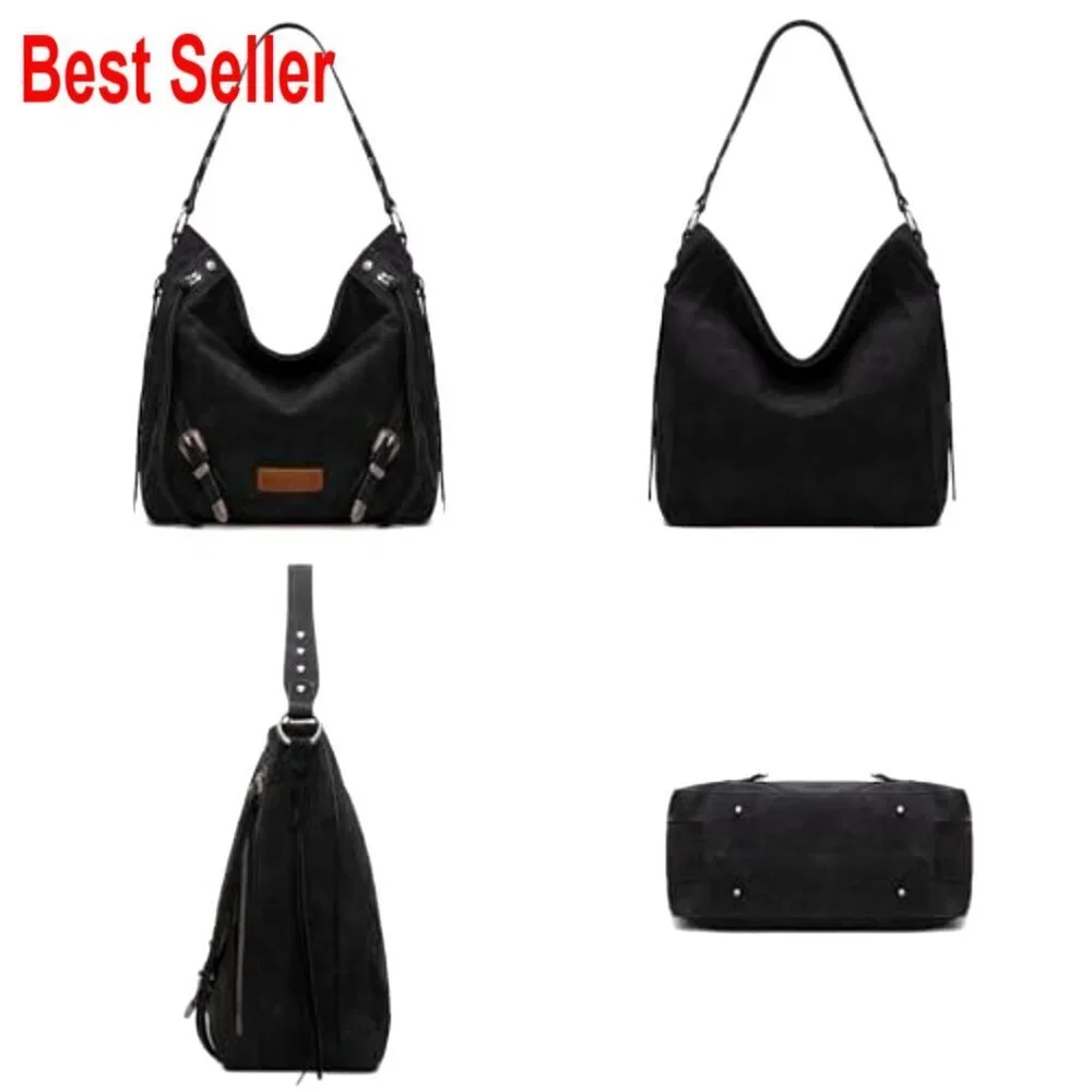 Large Hobo Shoulder Bag with Fringe and Buckle Details Faux Suede